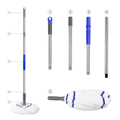 Self Wringing Floor Cleaner with 52.5 Inch Long Handle, Heavy Duty Wet Mop for Hardwood, Tile, Vinyl, Laminate Floors (White)