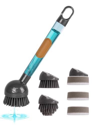 CuLiDing Soap Dispensing Dish Brush with Handle, 360° Rotating Head, 5-Piece Kitchen Cleaning Set (2 Brush Heads & 3 Sponges), Non-Scratch Scrubber for Pot, Pan, Sink, Leak-Proof Dishwand, Grey