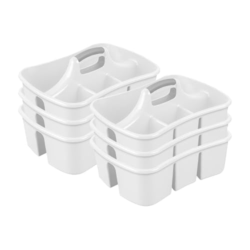 Sterilite 6 Pack Divided Ultra Caddy, Plastic Portable Storage to Hold Bathroom and Cleaning Supplies, White - 5 Large Compartment Organizer