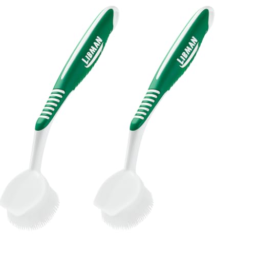 LIBMAN Dish Brush - Soft Bristle Cleaning Brush with Handle - 2 Pk Dish Scrub Brushes with Scraper for Dishwashing Dishes, Pots, Pans, Glassware - Non-Slip Comfort Grip Handle