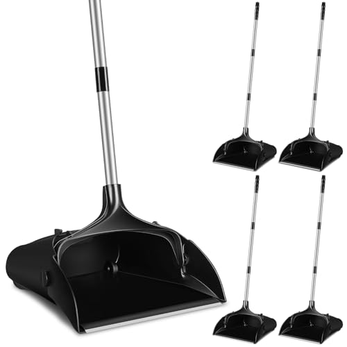 Maxcheck 4 Pcs 37 Inch Lobby Dust Pan Bulk Upright Lobby Dust Pan Plastic Commercial Dustpan with Long Handle Upright Standing Dustpan Heavy Duty for Office Home Indoor Outdoor Use (Black)