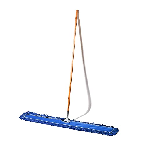 Tidy Tools Commercial Floor Sweeper, 48 in. Reusable Mop Head, Wooden Handle, Industrial Dry Mop for Hardwood Floors, Blue