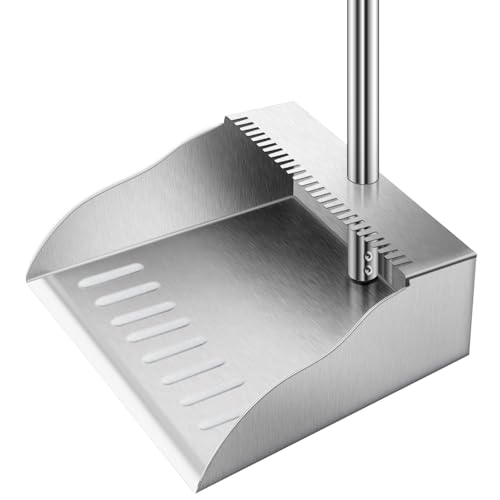 Metal Dust Pans with Long Handle,Heavy Duty Dust Pan with Handle,Upright Stand Up Dustpan with Dust Pan Teeth to Clean Hair for Home Kitchen Office Lobby Floor Garden