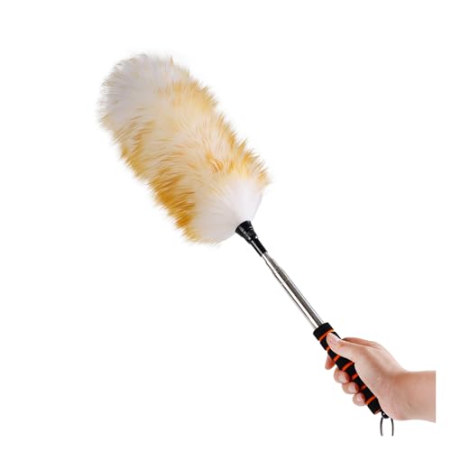 Lambswool Extendable Cleaning Duster 26-64 Inch, Anti-Static Wall Duster Cleaner with Sponge Grip and Stainless Steel Extension Pole for High Ceiling Fan, Interior, and Roof Dusting - Yellow & White