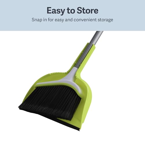 Casabella Basics 2-Piece Angled Broom and Dustpan Set, 44" Angled Broom with Long Handle and Dustpan, Silver/Green