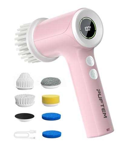 PUFTEM Shower Scrubber, Electric Spin Scrubber for Bathroom Cleaning – Cordless Shower Cleaner Brush with 6 Brush Heads, Dual-Direction Rotation, for Grout, Tile, Tub, Sink & Corners, Pink