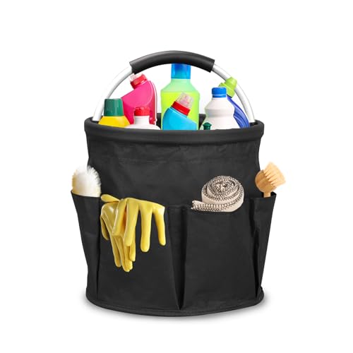 Qivine 17L Cleaning Caddy with Handle, Cleaning Supply Caddy Foldable Tool Bag Cleaning Products Organizers Portable Cleaning Bucket Organiser for Storing Towels (Black)
