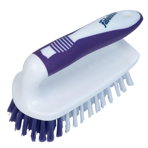 Fabuloso Cleaning Brush with Handle Compact Handheld Household Scrub Brush Kitchen Bathroom Baseboards Tile and Floors Firm Bristles Indoor Surface Cleaning White Purple 5.5 Inch Everyday Cleaning