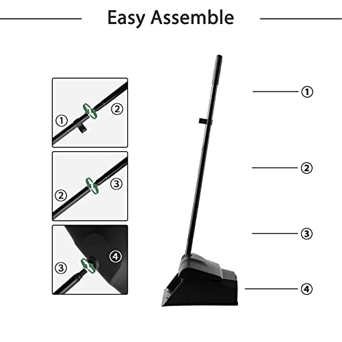 Eyliden Commercial Angle Broom and Dustpan Combo, with Long Handle and Lid, Lobby Dust Pan Sweep Set for Outdoor Garages Courtyard Sidewalks Decks Indoor Home Kitchen Room Office (Black Broom+Dustpan)