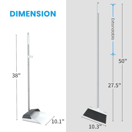 Stand Up Dustpan and Broom Set 50” Long Handle Broom with Dust Pan, 20° Angled for Ergonomic Home Office Indoor Sweeping