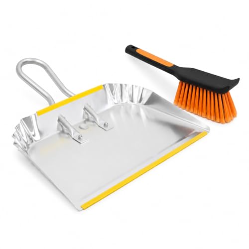 PHYEX 17" Heavy Duty Metal Dust Pan with Brush Set, Large Wide Mouth Dustpan with Stiff Bristle Cleaning Brush for Garage, Yard, Fireplace Ash, Wood Stove, Workshop and Outdoor Cleanup, Silver