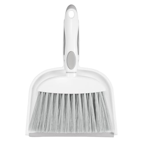 NACENA Small Dust Pan and Brush Set, Mini Broom and Dustpan Set Small Hand Broom and Brush Combo Dust Pan with Teeth for Home Cleaning Drawers Desktop Sofas and Outdoor, White & Gray