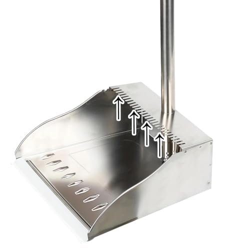 Metal Dustpan Long Handle Stainless Steel Dustpan,Heavy Duty Standing Dust Pan with Teeth, Indoor Outdoor Up for Home Kitchen Lobby Room Office