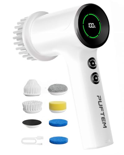 PUFTEM Shower Scrubber, Electric Spin Scrubber for Bathroom Cleaning – Cordless Shower Cleaner Brush with 6 Brush Heads, Dual-Direction Rotation, for Grout, Tile, Tub, Sink & Corners, White