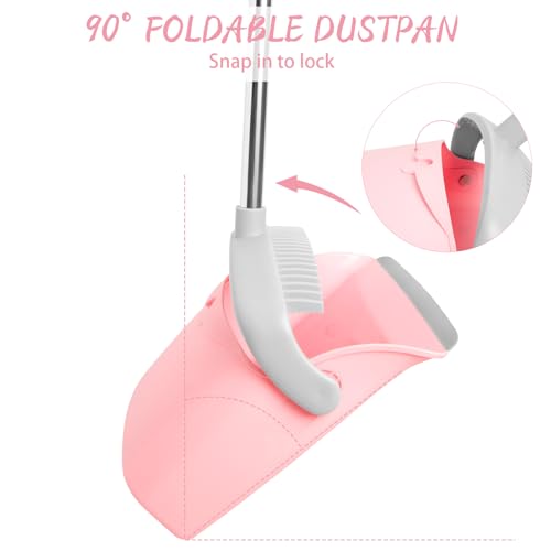 OOOFLOWER Broom and Dustpan Combo Set, Long Handle and Standing Dust Pan with Comb Teeth, Efficient Floor Cleaning for Kitchen, Outdoor, Dorm, Apartment, Office Lobby (Pink Gray)