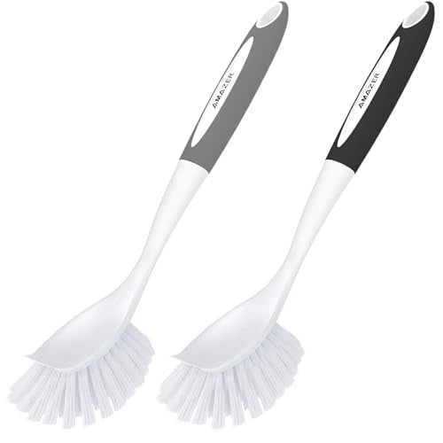 Amazer Dish Brush, 2 Pack Dish Scrubber with Handle, Kitchen Dishes Brushes, Scrub Brush with Stiff Bristles for Cleaning, Sink, Pots, Pans