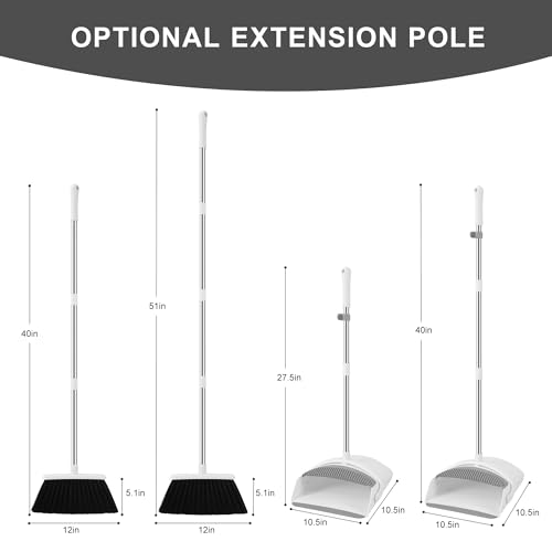 BSKLIN Broom and Dustpan Set for Home, 52" Long Handle Standing Broom Set with Dustpan Self-Cleaning Teeth for Hair Removal Heavy Duty Indoor Outdoor Sweeping Kit for Kitchen Garage (White)