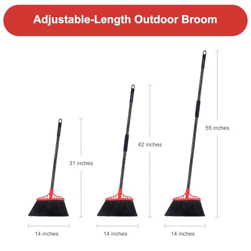 Tiumso Heavy Duty Angle Broom - 55" Adjustable Iron Handle with Stiff Bristles - Commercial-Grade Indoor/Outdoor Broom for Garage, Patio, Kitchen, Sidewalk & Concrete Cleaning (Black & Red)
