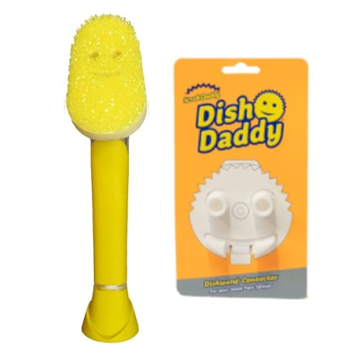 Scrub Daddy Dish Daddy Dish Wand & Connector Head, Soap Dispensing Dish Brush, Texture Changing Washing Up Sponge With Liquid Handle, Dish Sponge with Built-in Scraper, Scrubbing Head & Stand - Yellow