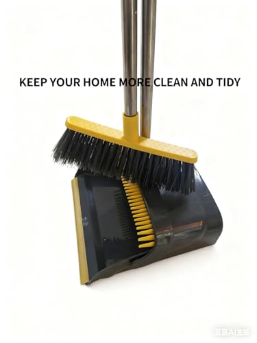 Broom and Dustpan Set with Long Handle - Upright Dustpan & 3 Rows Dense Bristles, Ideal for Home, Office, Kitchen, Lobby, Shop, All-Purpose Indoor & Outdoor Sweeping,Gray&Yellow