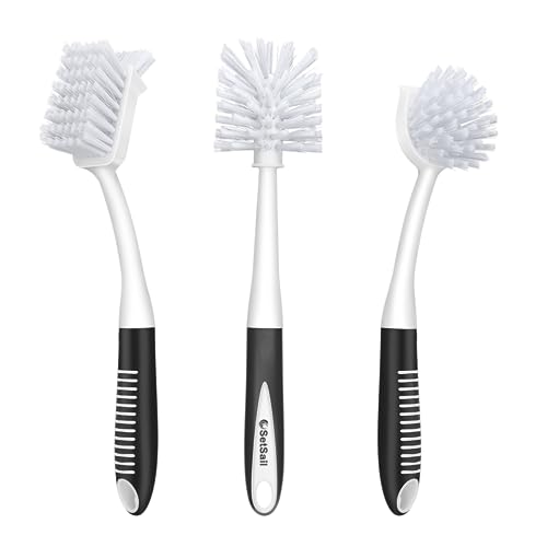 SetSail Dish Brush Set of 3 with Bottle Brush, Dish Scrub Brush with Long Handle Deep Cleaning Handle Brush with Scraper Tip for Kitchen Sink Dishes Bottle Cup Pot and Pans Tile Lines, Black