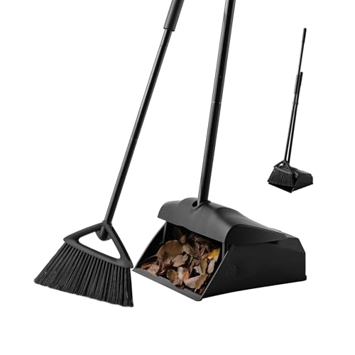 Eyliden Commercial Angle Broom and Dustpan Combo, with Long Handle and Lid, Lobby Dust Pan Sweep Set for Outdoor Garages Courtyard Sidewalks Decks Indoor Home Kitchen Room Office (Black Broom+Dustpan)