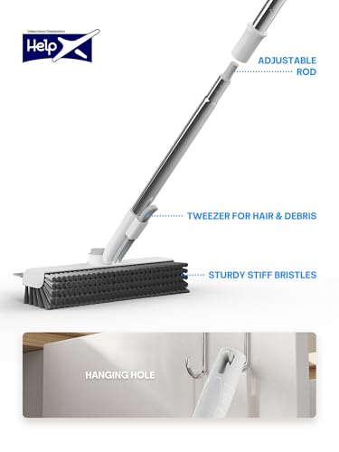 HelpX Floor Scrub Brush with Long Handle, 3 in 1 Scrape and Heavy-Duty Stiff Bristle Floor Scrubber Brush with Squeegee and Tweezer for Cleaning Tile Wall Deck Bathroom Patio Garage Kitchen (White)