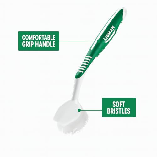 LIBMAN Dish Brush - Soft Bristle Cleaning Brush with Handle - 2 Pk Dish Scrub Brushes with Scraper for Dishwashing Dishes, Pots, Pans, Glassware - Non-Slip Comfort Grip Handle