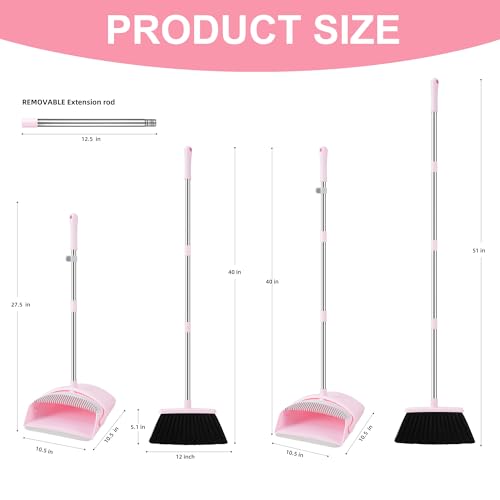 BSKLIN Broom and Dustpan Set for Home, 52” Long Handle Broom with Dustpan Combo Set with Dust Pan Teeth to Clean Hair Sweeping Set for Kitchen Hardwood Floors Pet Hair (Pink)