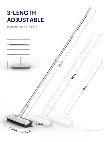 HelpX Floor Scrub Brush with Long Handle, 3 in 1 Scrape and Heavy-Duty Stiff Bristle Floor Scrubber Brush with Squeegee and Tweezer for Cleaning Tile Wall Deck Bathroom Patio Garage Kitchen (White)