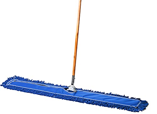 Tidy Tools Commercial Floor Sweeper, 48 in. Reusable Mop Head, Wooden Handle, Industrial Dry Mop for Hardwood Floors, Blue