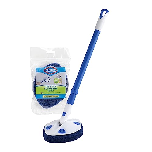 Clorox Extendable Tub & Tile Scrubber with Polyurethane Head – Heavy Duty Bathroom Cleaning Brush with Bonus Refill, Pivoting Head, Replaceable Pad, Works with Clorox Wipes