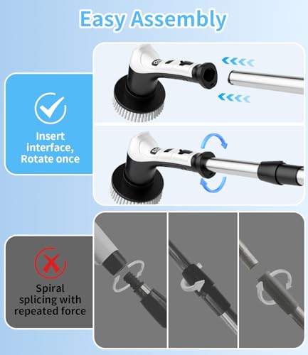 Electric Spin Scrubber with 3 Speed, Adjustable Extension Handle, 8 Brush Heads,Cordless Power Cleaning Brush for Bathroom, Tile, Kitchen-Black