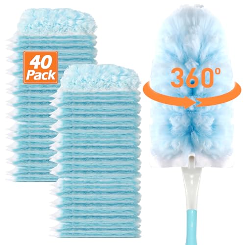 EKACO Heavy Duty Duster Refills for Swiffer Duster (40 Count) | 360° Unscented Disposable Multisurface Dusters with 1 Handle- for Home, Blinds, Fans & Corners, Blue
