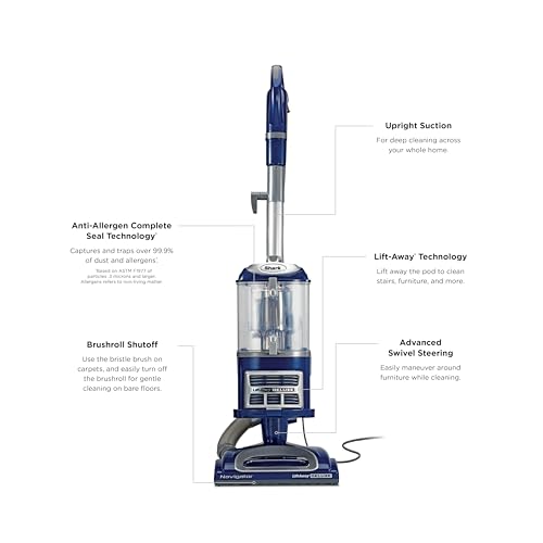 Shark Upright Vacuum Cleaner | Navigator Lift-Away Deluxe | Pet Hair, Carpet & Hard Floor Cleaning | Upholstery & Crevice Tool | HEPA Filter | Swivel Steering | Large Dust Cup Capacity | Blue | NV360