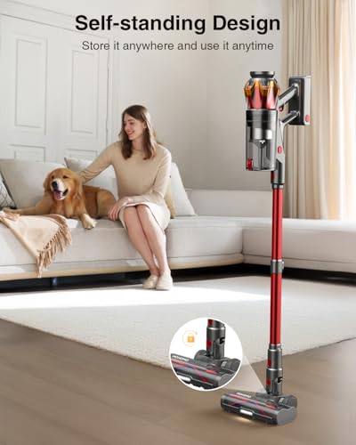 Cordless Vacuum Cleaner, 650W/55KPa 70Mins Vacuum Cleaners for Home, Self-Standing Stick Vacuum with Anti-Tangle Brush & OLED Touch Screen, Vacuum Cleaner for Hardwood Floors,Carpet,Pet Hair,Car (Red)