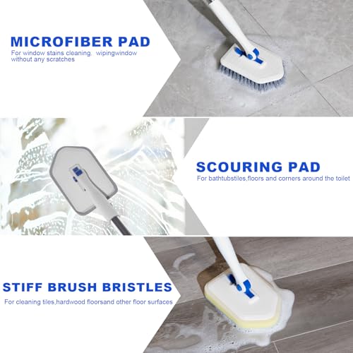 Tile Tub Scrubber Brush with 52-inch Adjustable Long Handle 3-in-1 Rotatable Shower Brush for Cleaning，3 Different Replacement Brush Heads for Cleaning Tub Tile Bathroom Kitchen Walls ，Blue
