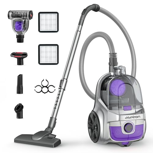Aspiron Canister Vacuum, Upgraded 1600W Bagless Canister Vacuum Cleaner, Auto Cord Rewind, H13 HEPA Filter, 4Qt Large Capacity, 5 Tools for Hard Floors, Carpet, Pet, Upholstery, Tiles, Purple