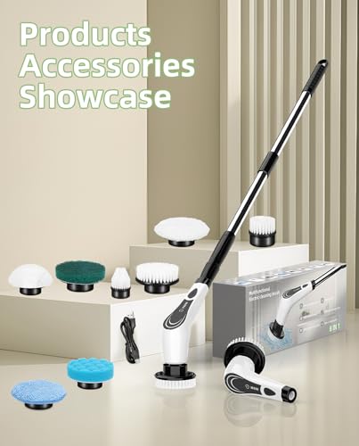 Lichffy Electric Spin Scrubber, Cordless Floor Scrubber Machine with 8 Cleaning Pads & Telescopic Handle, Bathroom Scrubber for Cleaning Tile Grout Tub Shower Floor Window Carpet, White-rx2...