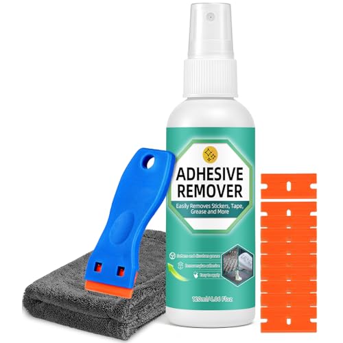 Balldanlu Adhesive Remover Spray, 4.06 Oz Glue Remover with Plastic Scraper and Towel, Surface Safe Sticky Stuff Remover for Car, Windows, Floor, Sticker Remover (1, GREEN) (Small)