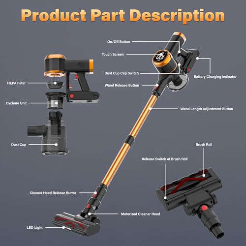 Tikom V500 Cordless Vacuum Cleaner for Home, 40000Pa/450W Stick Vacuum with LED Touch Screen, Charging Wall Dock, Anti-Tangle, Lightweight Handheld Vacuum for Pet Hair, Hard Floor, Carpet