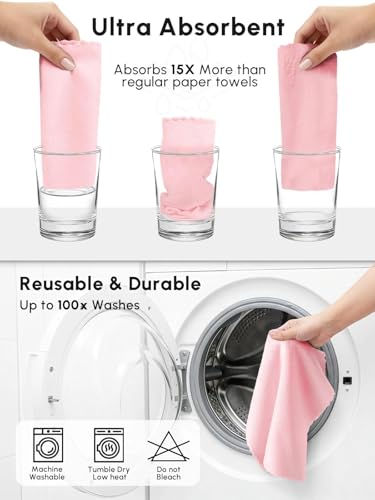 SOOWASH Microfiber Cleaning Cloths Roll, 75 Pack Tear Away Microfiber Towels Roll, 12" x 12" Lint Free Rags, Reusable Cleaning Cloths, Washable, Scratch Free,Ultra Absorbent Dish Rags(Pink)