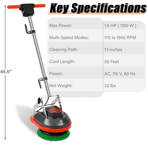 HHQ Commercial Floor Scrubber Machine, 13" Heavy Duty Orbital Floor Cleaner Buffer and Polisher- Deep Cleaning Hard Floors and Carpets with Ease, 3 Brushes & 3 Cleaning Pads, Orb-6