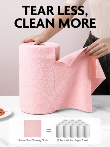 Fantasticlean Microfiber Cleaning Cloth Roll -75 Pack, Tear Away Microfiber Towels, 12" x 12", Reusable, Washable, Scratch Free, Ultra Absorbent Dishcloth for All-Around Cleaning Supplies (Pink)