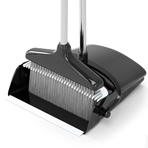Broom with Dustpan Combo Set 54” Long Handle Household Dust Pan for Home Office Kitchen Cleaning （Black & Grey）