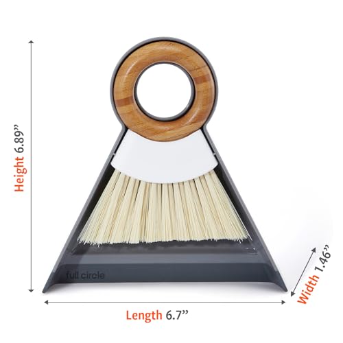 Full Circle Tiny Team Mini Compact Brush & Dustpan Set, Portable Handheld Broom for Quick Cleanups, Ideal for Home, Bathroom, Kitchen Countertops. Bamboo Hand Broom & Small Crumb Sweeper, White