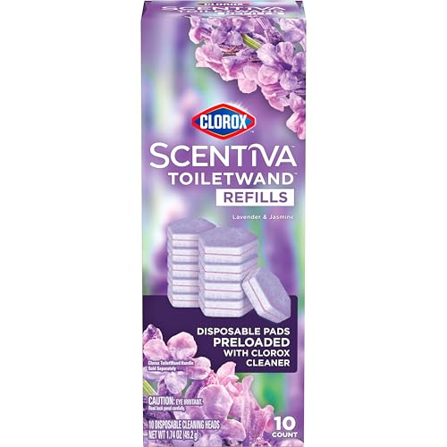 Clorox Scentiva ToiletWand Toilet Cleaner Refills, Lavender and Jasmine, Disposable Toilet Brush Scrubbing Pads, Eliminates Hard Water and Lime Stains 2X Faster than Using a Manual Brush, 10 Count