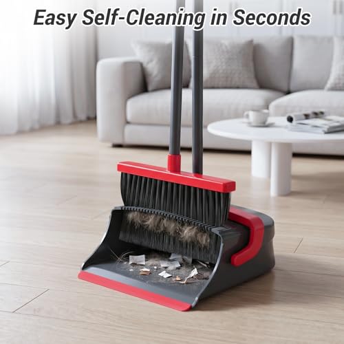 Zeawec Broom with Dustpan Combo Set, Long Handle Upright Standing Self-Cleaning Broom and Dustpan Set for Pet Hair & Dust Cleanup, Indoor Outdoor Use for Home, Kitchen, Office, Red & Gray