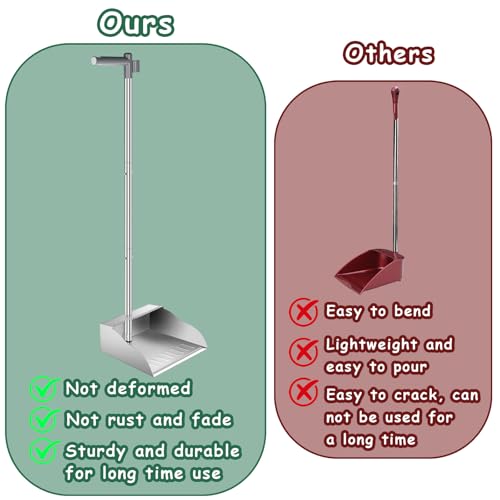 Metal Dust Pans with Long Handle,Heavy Duty Dust Pan with Handle,Upright Stand Up Dustpan with Dust Pan Teeth to Clean Hair for Home Kitchen Office Lobby Floor Garden