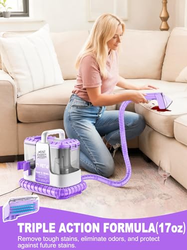 Portable Carpet & Upholstery Cleaner Machine for Pets, Spot, Stain, Couch Cleaner Machine with Powerful Suction and and Self Cleaning, Car/Auto Detailer, Lightweight Compact Design, Purple